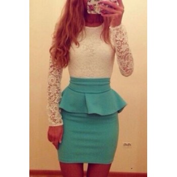 Sexy Round Neck Long Sleeve Spliced Flounced Dress For Women white blue green