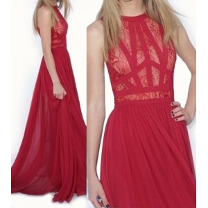Sexy Round Neck Sleeveless Spliced See-Through Dress For Women red