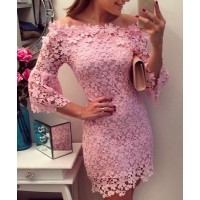 Sexy Slash Collar 3/4 Sleeve Solid Color Lace Dress For Women pink