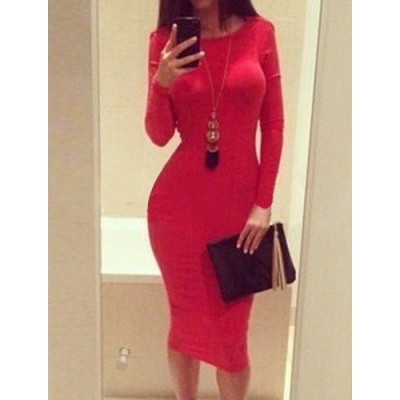 Sexy Style Round Neck Backless Solid Color Long Sleeve Women's Dress red