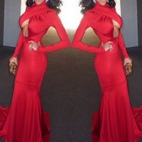 Sexy Turtle Neck Long Sleeve Solid Color Hollow Out Dress For Women red