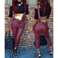 Sexy Women's Solid Color PU Leather Overalls wine red