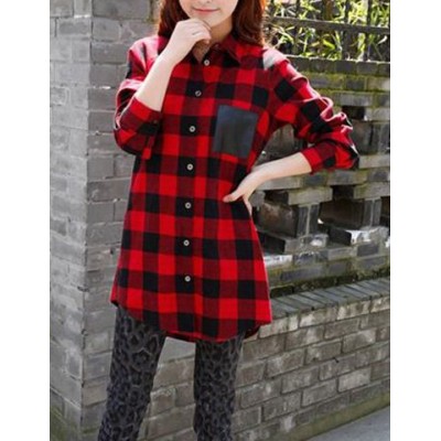 Shirt Collar Long Sleeves Plaid Pocket Splicing Stylish Blouse For Women red black