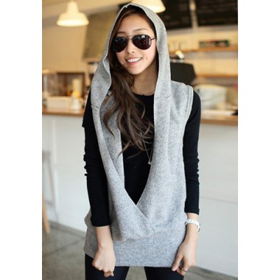 Simple Design Women's Solid Color Sleeveless Hooded Sweater gray