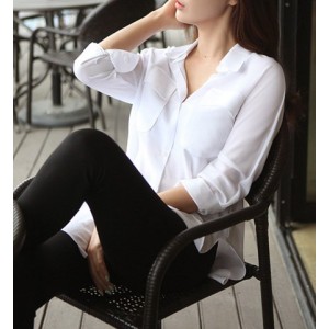 Simple Shirt Collar Long Sleeve Solid Color Furcal Shirt For Women white purple