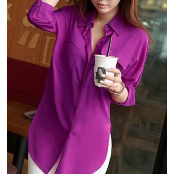 Simple Shirt Collar Long Sleeve Solid Color Furcal Shirt For Women white purple