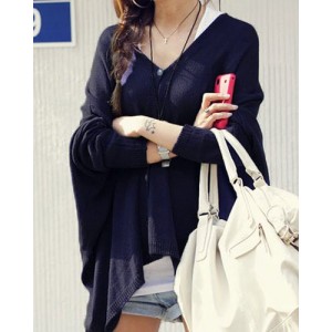 Solid Color Batwing Sleeve Stylish V-Neck Women's Cardigan blue apricot