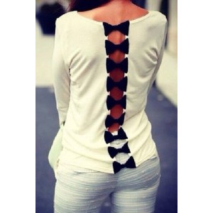 Stylish Round Neck Long Sleeve Bowknot Patchwork Hollow Out T-Shirt For Women white