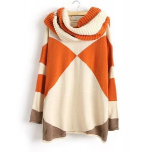 Trendy Style Scoop Collar Long Sleeve Color Block with Scarf Sweater For Women orange black blue green
