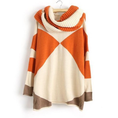 Trendy Style Scoop Collar Long Sleeve Color Block with Scarf Sweater For Women orange black blue green