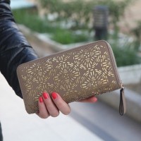 Trendy Women's Clutch Wallet With Openwork and Zip Design khaki