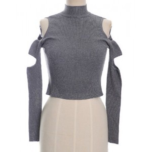 Turtleneck Off-The-Shoulder Hollow Out Solid Color Stylish Short Sweater For Women gray
