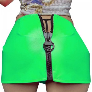  Leather Mini Skirt, Solid Color Low-Waist Pencil Miniskirt with Large Zipper for Girls, Green/Yellow/Rose Red