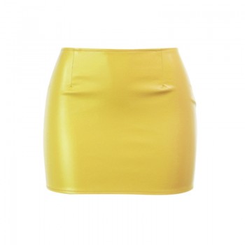  Leather Mini Skirt, Solid Color Low-Waist Pencil Miniskirt with Large Zipper for Girls, Green/Yellow/Rose Red