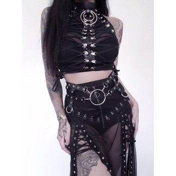 Punk Grunge Summer Black Camis Women Gothic Clothes Sleeveless Halter Corset Crop Top See Through Bandage 