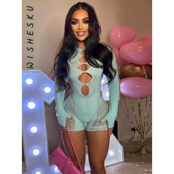Transparent Mesh Bodycon Slim Playsuits Women Long Sleeve Night Club Party Evening Casual One Piece Rompers