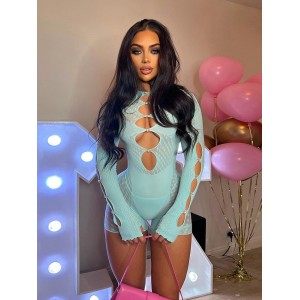 Transparent Mesh Bodycon Slim Playsuits Women Long Sleeve Night Club Party Evening Casual One Piece Rompers