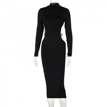 Women Fashion Solid Slip Turtleneck Long Sleeves Backless Maxi Dress Slim Black