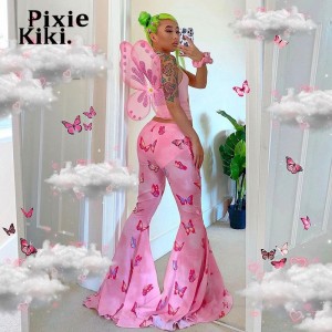  Butterfly Pink Low Waist Flare Pants Rave Festival Clothing for Women 2000s Aesthetic Bell Bottom Pants