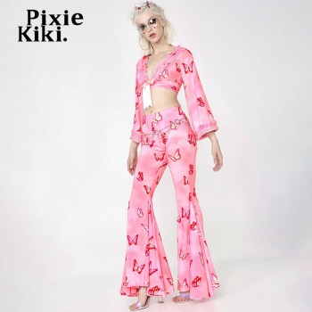  Butterfly Pink Low Waist Flare Pants Rave Festival Clothing for Women 2000s Aesthetic Bell Bottom Pants