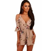 Navy Multi Floral Ruffle Wrap Cold Shoulder Playsuit Apricot