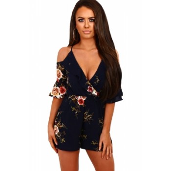 Navy Multi Floral Ruffle Wrap Cold Shoulder Playsuit Apricot