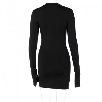 Long Flare Sleeve O Neck Bodycon Hollow Out Mini Dress 2021 Autumn Winter Women Fashion Outfit