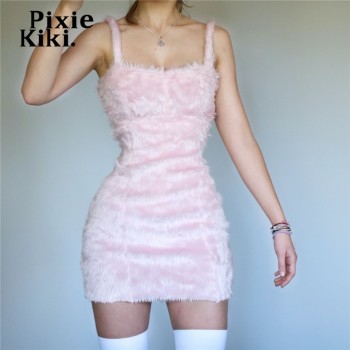 Furry Pink Sleeveless Bodycon Mini Dresses for Women 2022 Cute Sexy Outfits for Woman