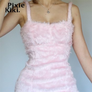 Furry Pink Sleeveless Bodycon Mini Dresses for Women 2022 Cute Sexy Outfits for Woman
