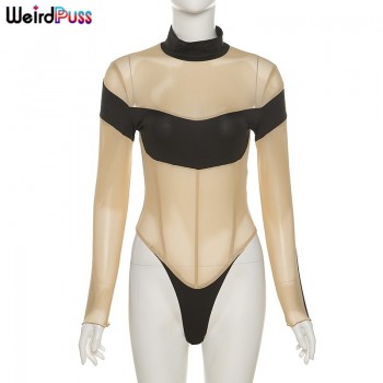 Mesh Patchwork Bodysuits Women Long Sleeve Skinny Stretchy Club Fashion Bodycon See Through