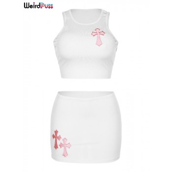 Sexy 2Piece Set Embroidery Women Round Neck Tank Top+Skirt Navel Solid Matching Suit Stretch 