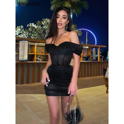 Off The Shoulder Mini Dress Women Black Sequin Corset Ruched Prom Nightclub Bodycon