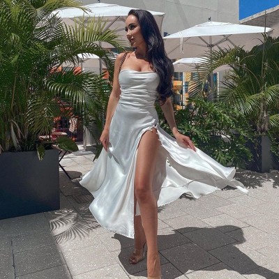 White Midi Calf Dress For Woman V-Neck Sleeveless Cami Criss Side Split Elegant Sexy Wrap Clubwear