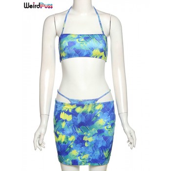 Summer Beach Vacation 3 Piece Set Women Sexy Halter Tank Top+Briefs+Mini Skirt Matching 