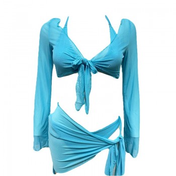 Women Floral Print Bikinis Set 2023 New Sexy Three Piece Beach Push Up Summer Long Sleeve Twist Swimwear