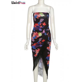 Tassel Elegant Strapless Dress Print Side Split Backless Stretchy Skinny Bodycon For Women Vacation