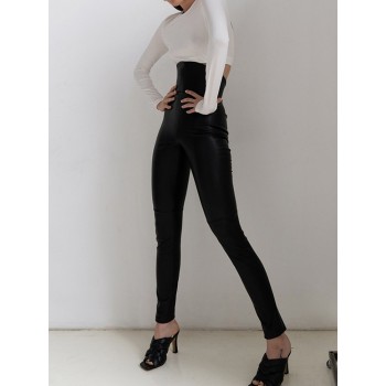  Black PU Leather High Rise Pencil Pants for Women Skinny Streetwear Bottom Punk Pants Trousers