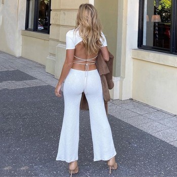 Cotton Sexy Backless Cutout Bandage Jumpsuits for Women Flare Pants Rompers Club Party One Piece 