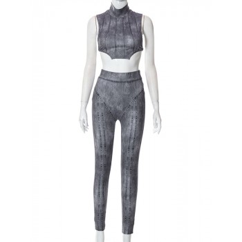 Bright Line Solid Sleeveless Turtleneck Lace Up Crop Top Pants 2 Pcs Set Summer Fashion