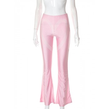 High Waist Pink Heart Shapes Cut Out Flare Pants Leggings Sexy Skinny Summer 