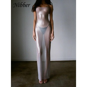 Nibber See Through Maxi Dress Women Sexy Strappy Dresses Body-shaping Vestido Female Stunning Hipster Attirewear Clothing