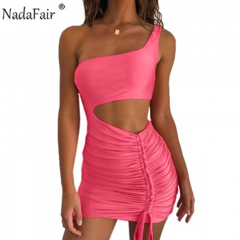 Nadafair Mini Bodycon Summer Dress Women Club Hollow Out Ruched Backless Orange White Black Party Bandage Women Sexy Dresses