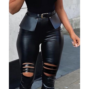 Women Cutout PU Leather Skinny Pants With Belt 2022 New Sexy Femme High Waist Slit