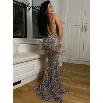  Snake Print Y2K Clothes Sleeveless Backless Bodycon Maxi Dress For Women 