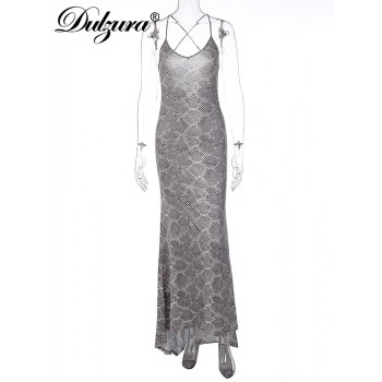  Snake Print Y2K Clothes Sleeveless Backless Bodycon Maxi Dress For Women 