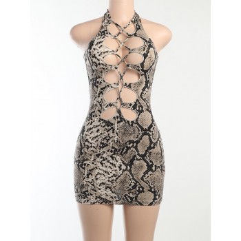 Lace Up Cross Hollow Out Sleeveless Mini Dress Bodycon Sexy Streetwear Party Club Festival Snake Skin