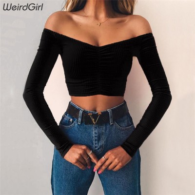 Women T-shirts sexy and club fashion female T-shirt long sleeve off shoulder solid color lady Tshirt autumn basic tees