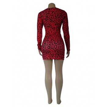 Leopard Printing Mini Dress Fashion V-Neck Long Sleeve Sexy Pleated Tight Dress Bag Hip Short Dress for Women Trend