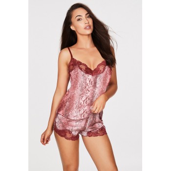 Wine Red Animal Print Satin And Lace Cami & Short Black