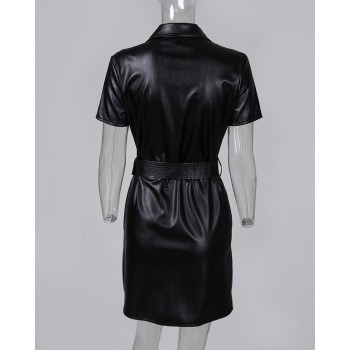 Sexy Dress Sash Button Black Belt Dress Vestido Solid Turn-down Collar Pocket Design PU Shirt Dress